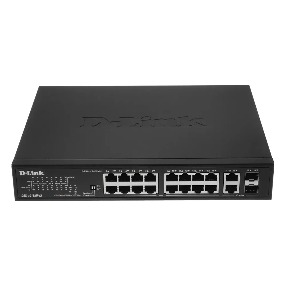 Коммутатор D-Link DES-1018MPV2/A1A, 16×100 Мбит/с + 2×1 Гбит/с Combo, неуправляемый