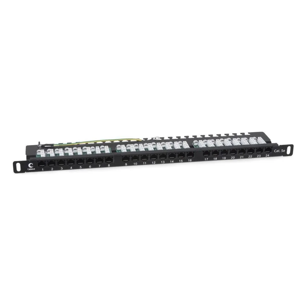 Комм. патч-панель Cabeus, 19", 0,5HU, портов: 24 х RJ45, кат. 5е, неэкр., черный, (PLHD-24-Cat.5e-Dual-90-0,5U)