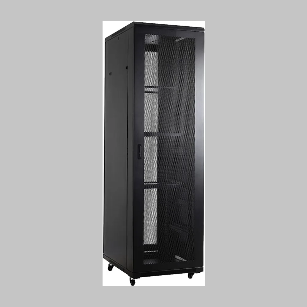 Рэковая стойка Wize Pro W42U10080R-M 19, 42U, 800х1000 мм, передн. и задн. двери металл. перфорированные, 2 верт. кабельных органайзера, колеса, рэк. гайки: 20 шт, макс. вес нагрузки 800 кг, сталь, черный