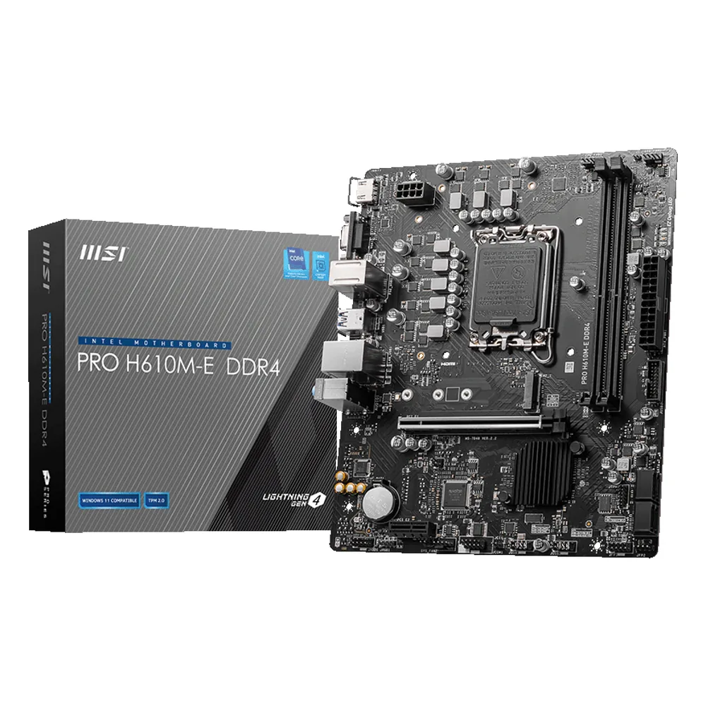 Материнская плата MSI PRO H610M-E DDR4, LGA1700, Intel H610, 2xDDR4, 4xSATA, 1xM.2, 1xPCIe 4.0 x16, 1xPCIe x1, HDMI, D-Sub, 1x1Gb LAN, 3x3.5 мм, 7.1, microATX