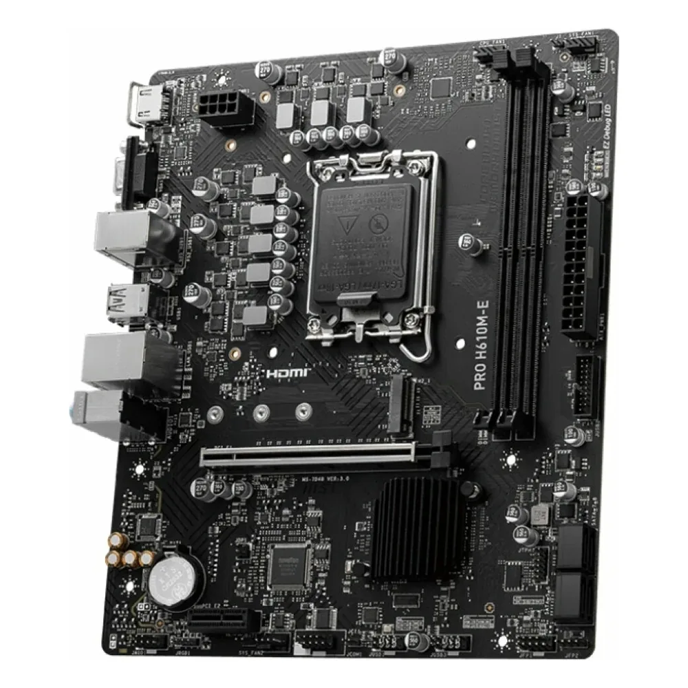 Материнская плата MSI PRO H610M-E, LGA1700, Intel H610, 2xDDR5, 4xSATA, 1xM.2, 1xPCIe 4.0 x16, HDMI, D-Sub, 1x1Gb LAN, 3x3.5 мм, 7.1, microATX