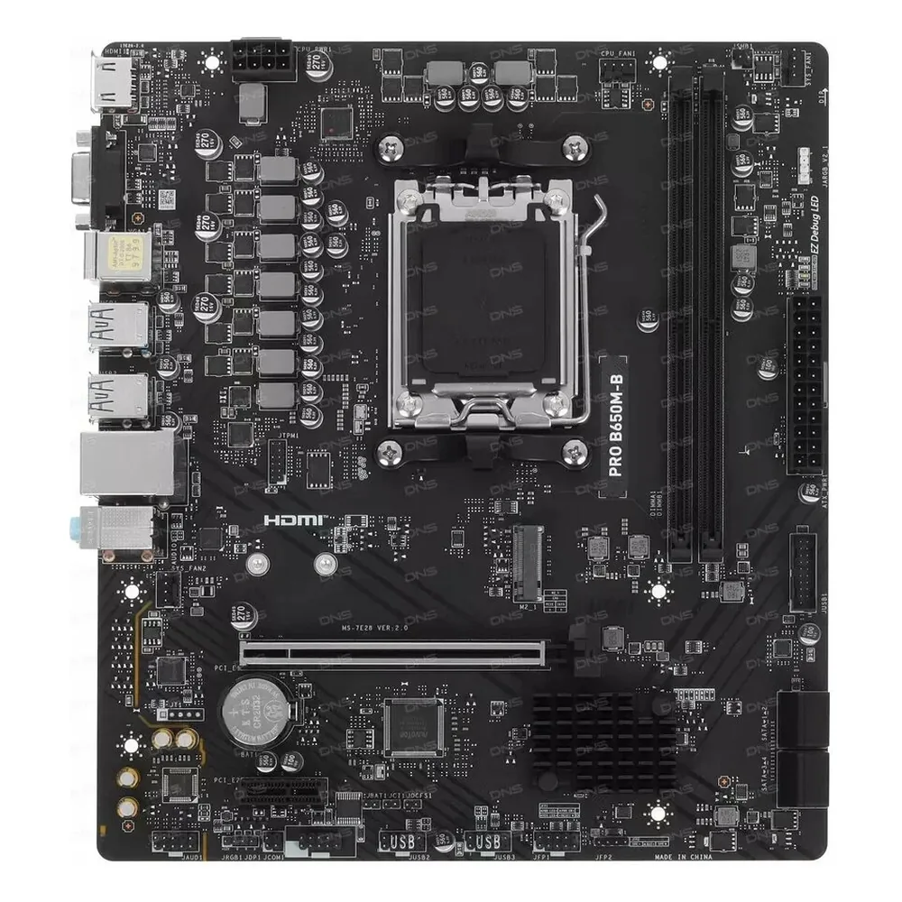 Материнская плата MSI PRO B650M-B, AM5, AMD B650, 2xDDR5, 4xSATA, 1xM.2, 1xPCIe 4.0 x16, HDMI, D-Sub, 1x2.5Gb LAN, 3x3.5 мм, 7.1, microATX