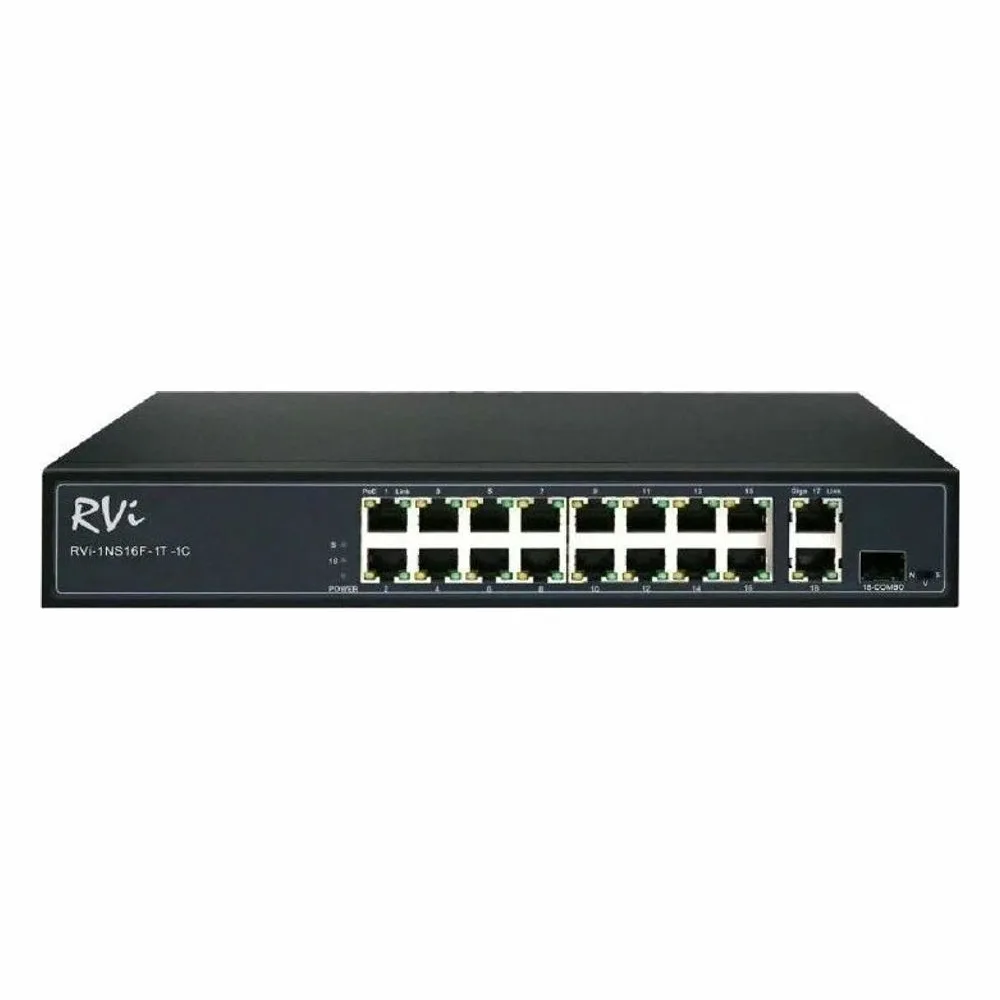 Коммутатор RVi RVi-1NS16F-1T-1C, 16×100 Мбит/с PoE + 1×1 Гбит/с Uplink + 1×1 Гбит/с SFP (Combo), неуправляемый