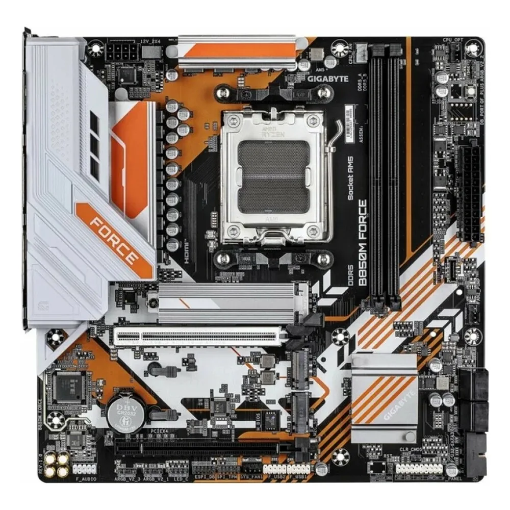 Материнская плата Gigabyte B850M FORCE WF6E (V1.2), AM5, AMD B850, 2xDDR5, 4xSATA, 3xM.2, 1xPCIe 5.0 x16, 1xPCIe 4.0 x4, 1xDP, 1xHDMI, 1x2.5Gb LAN, Wi-Fi 6E, Bluetooth 5.3, 1xUSB-C 5Gbps, 1xUSB-A 10Gbps, 2xUSB-A 5Gbps, 2xUSB-A 2.0, 3x3.5 мм, 7.1, mATX