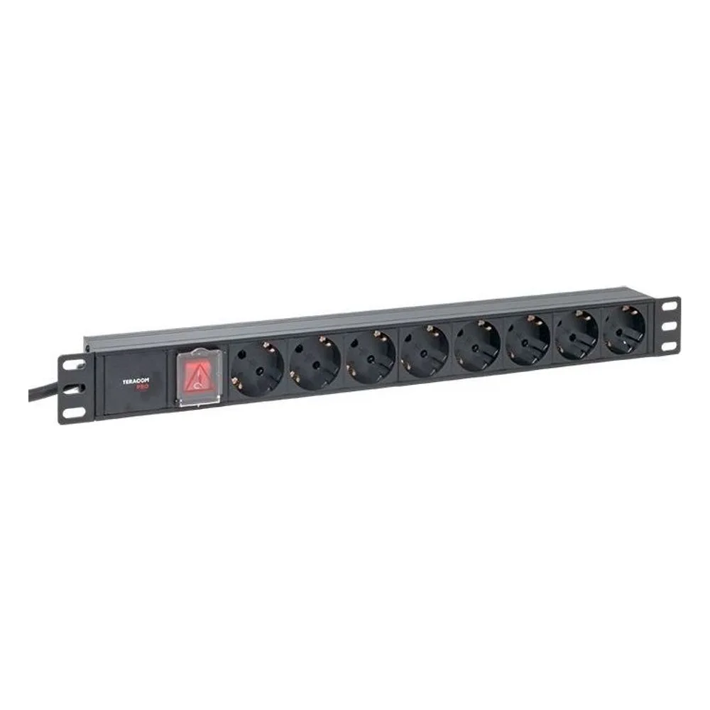 Блок розеток PDU TERACOM PRO 19'' 1U 16А/250В 8 розеток Schuko с выключателем шнур питания длиной 2 метра сечение 3x1.5 мм2 вилка Schuko корпус алюминий черный