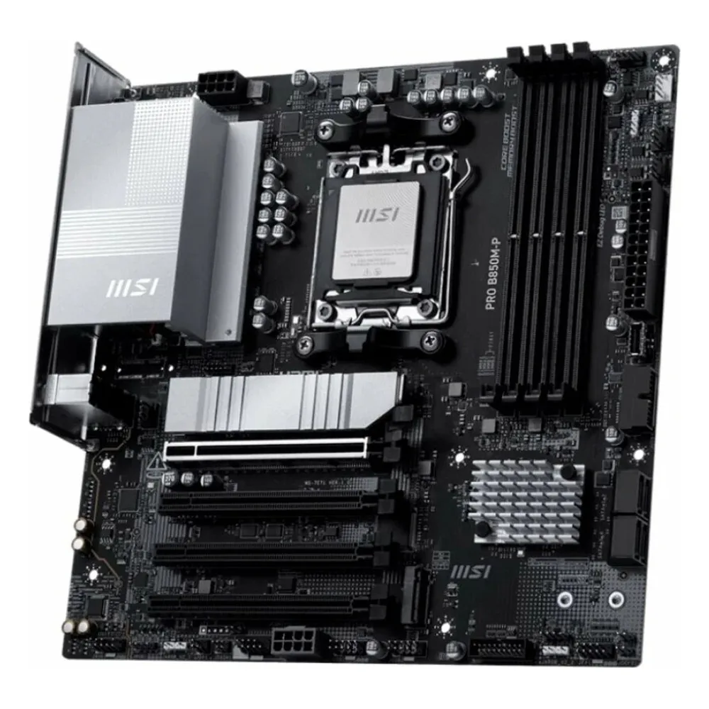 Материнская плата MSI PRO B850M-P, AM5, AMD B850, 4xDDR5, 4xSATA, 3xM.2, 1xPCIe 5.0 x16, 3xPCIe 3.0 x16, 1xHDMI, 1xDP, 1x5Gb LAN, 1xUSB-C 10Gbps, 1xUSB-A 10Gbps, 2xUSB-A 5Gbps, 4xUSB-A 2.0, 3x3.5 мм, 7.1, чёрный, mATX