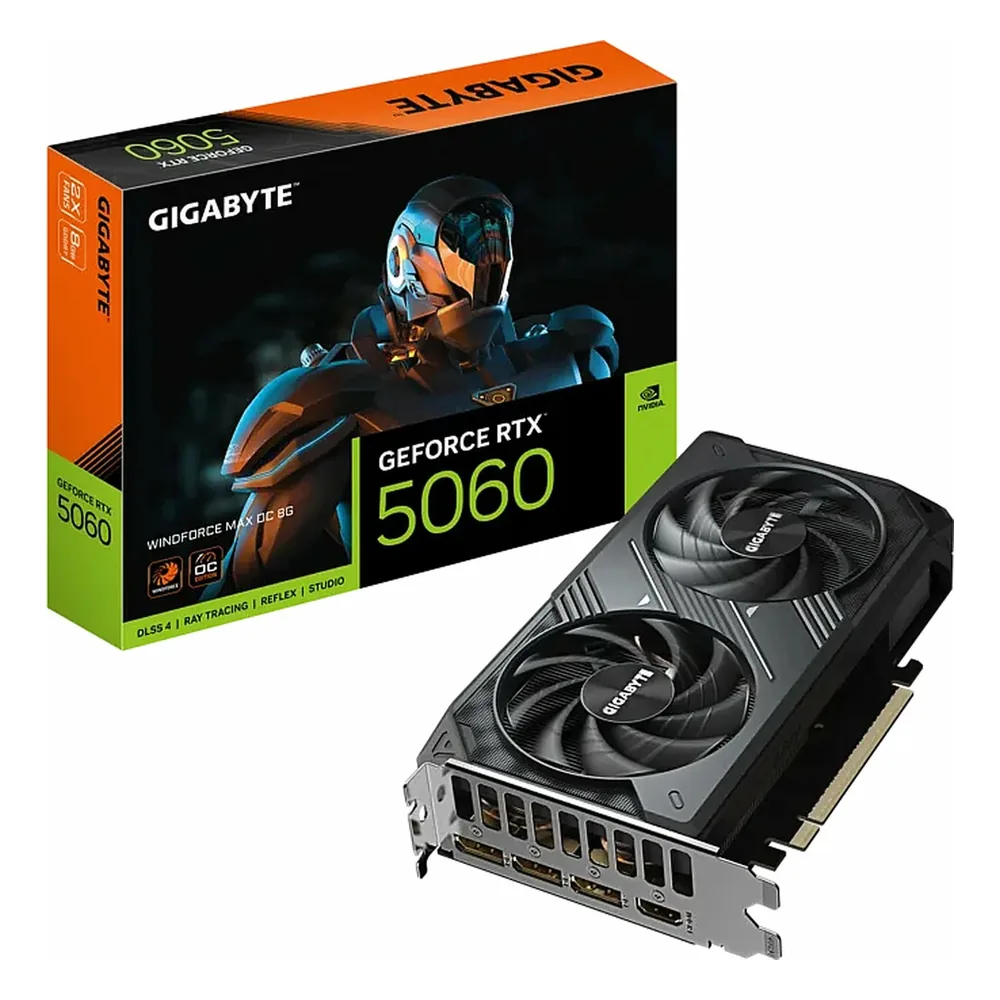 Видеокарта GIGABYTE GeForce RTX 5060 WINDFORCE MAX OC V2, 8 GB GDDR7, 128 bit, 3xDisplayPort, HDMI, GPU 2512 MHz