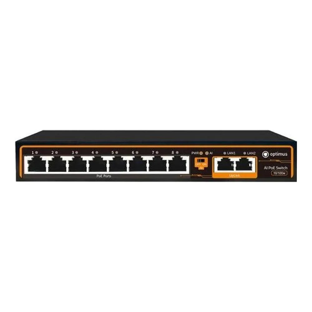 Коммутатор Optimus U1E-8F/2F, 8×100 Мбит/с PoE+ + 2×100 Мбит/с Uplink, неуправляемый