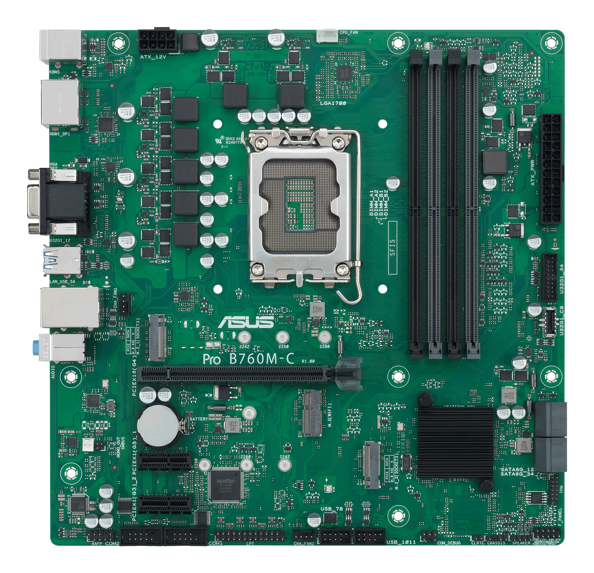 Материнская плата ASUS Pro B760M-C-CSM, LGA1700, Intel B760, 4xDDR5, 4xSATA, 2xM.2, 1xPCIe 4.0 x16, 2xPCIe x1, DisplayPort, HDMI, D-Sub, 1x1Gb LAN, 3x3.5 мм, 7.1, microATX
