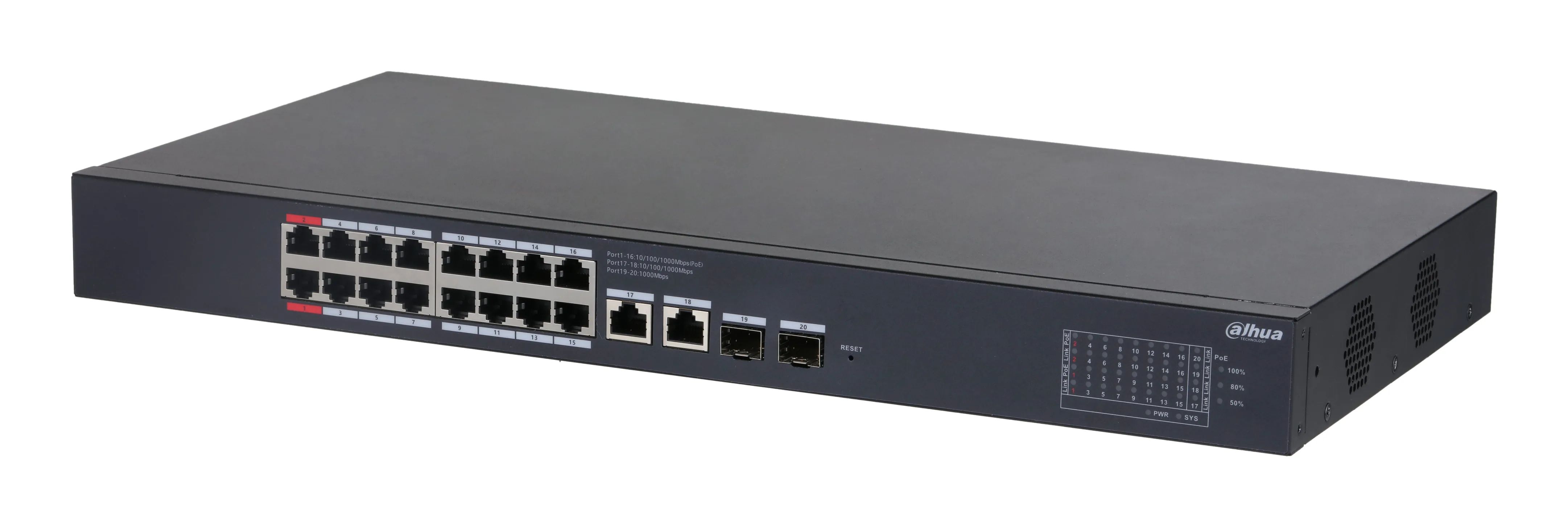 Коммутатор Dahua DH-CS4220-16GT-190, 2×1 Гбит/с + 2×1 Гбит/с Combo, управляемый