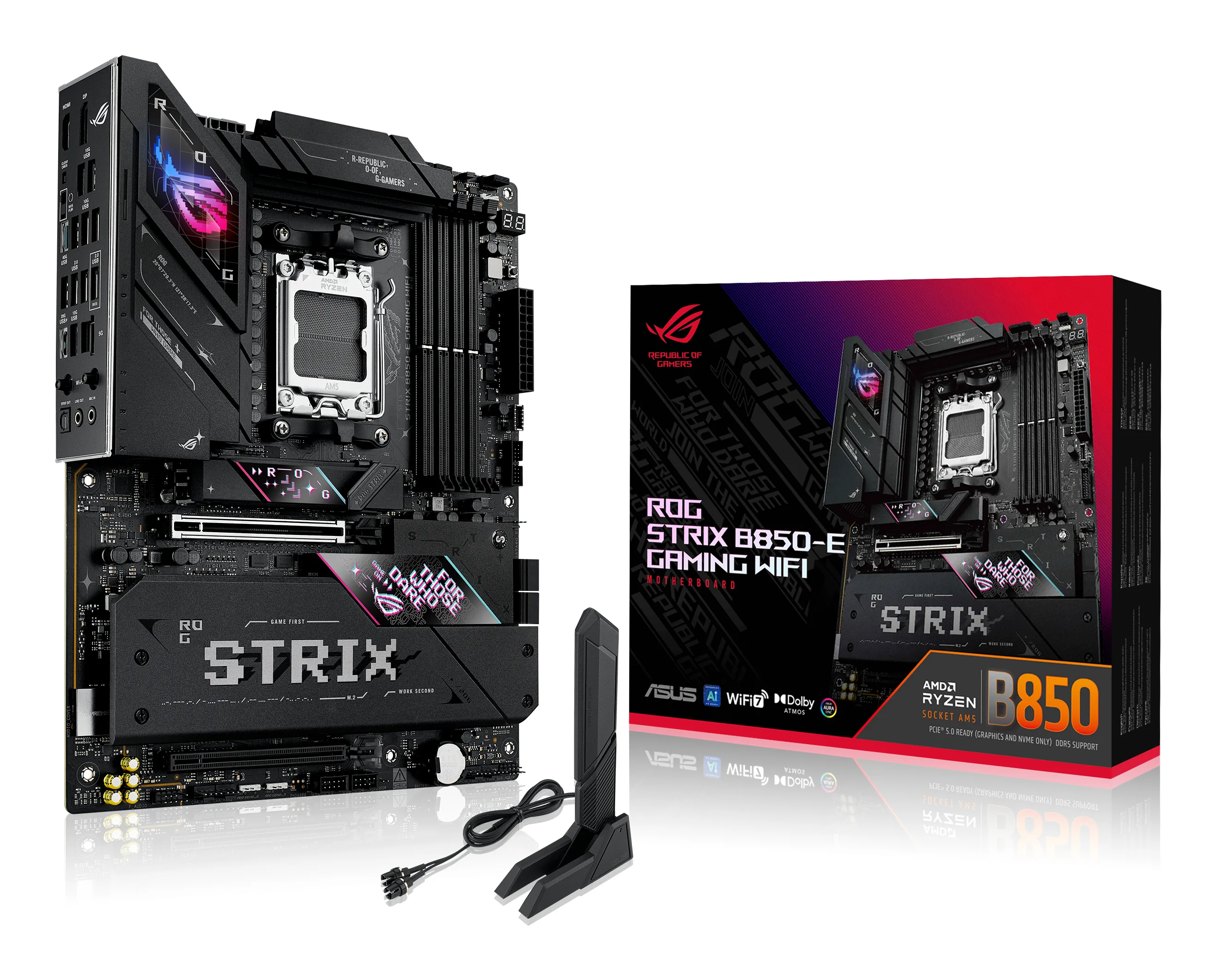 Материнская плата ASUS ROG STRIX B850-E GAMING WIFI, AM5, AMD B850, 4xDDR5, 4xSATA, 5xM.2, 1xPCIe 5.0 x16, 1xPCIe 4.0 x16, DisplayPort, HDMI, 1x5Gb LAN, USB Type-C, 3x3.5 мм, 7.1, ATX