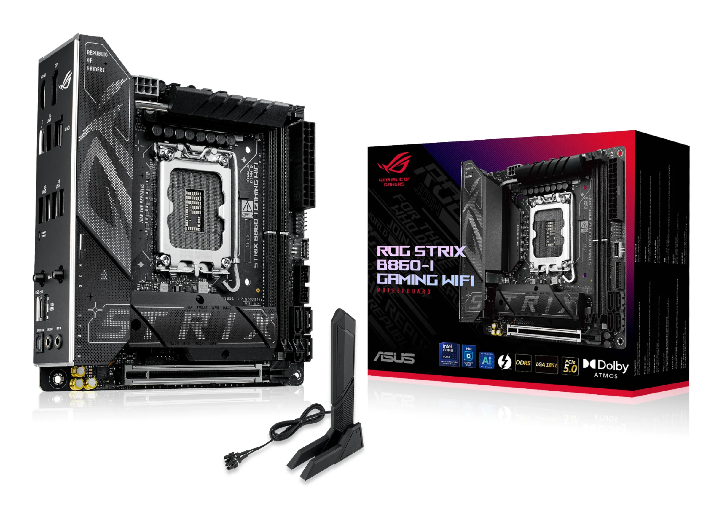 Материнская плата ASUS ROG STRIX B860-I GAMING WIFI, LGA1851, Intel B860, 2xDDR5, 4xSATA, 2xM.2, 1xPCIe 5.0 x16, DisplayPort, HDMI, USB Type-C, 1x2.5Gb LAN, Thunderbolt, 2x3.5 мм, 7.1, mini-ITX