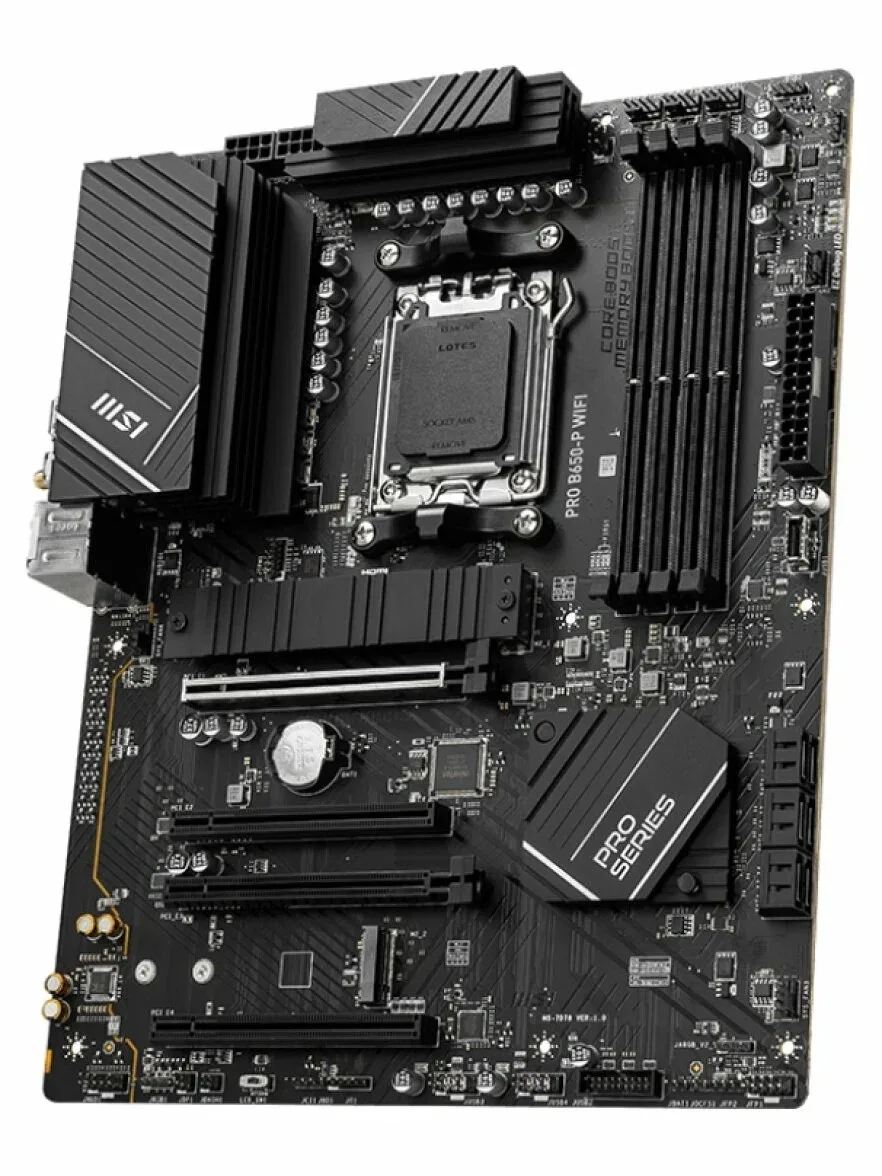 Материнская плата MSI PRO B650-P WIFI, AM5, AMD B650, 4xDDR5, 6xSATA, 2xM.2 (PCIe 4.0), 2xPCIe 4.0 x16, 2xPCIe 3.0 x16, 1xHDMI, 1xDP, 1x2.5Gb LAN, Wi-Fi, Bluetooth, 1xUSB-C 20Gbps, 3xUSB-A 10Gbps, 4xUSB-A 5Gbps, 3x3.5 мм, 7.1, чёрный, ATX