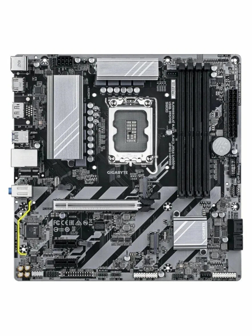 Материнская плата GIGABYTE B860M D3HP, LGA1851, Intel B860, 4xDDR5, 4xSATA, 2xM.2, 1xPCIe 5.0 x16, DisplayPort, HDMI, 1x1Gb LAN, 3x3.5 мм, 7.1, microATX