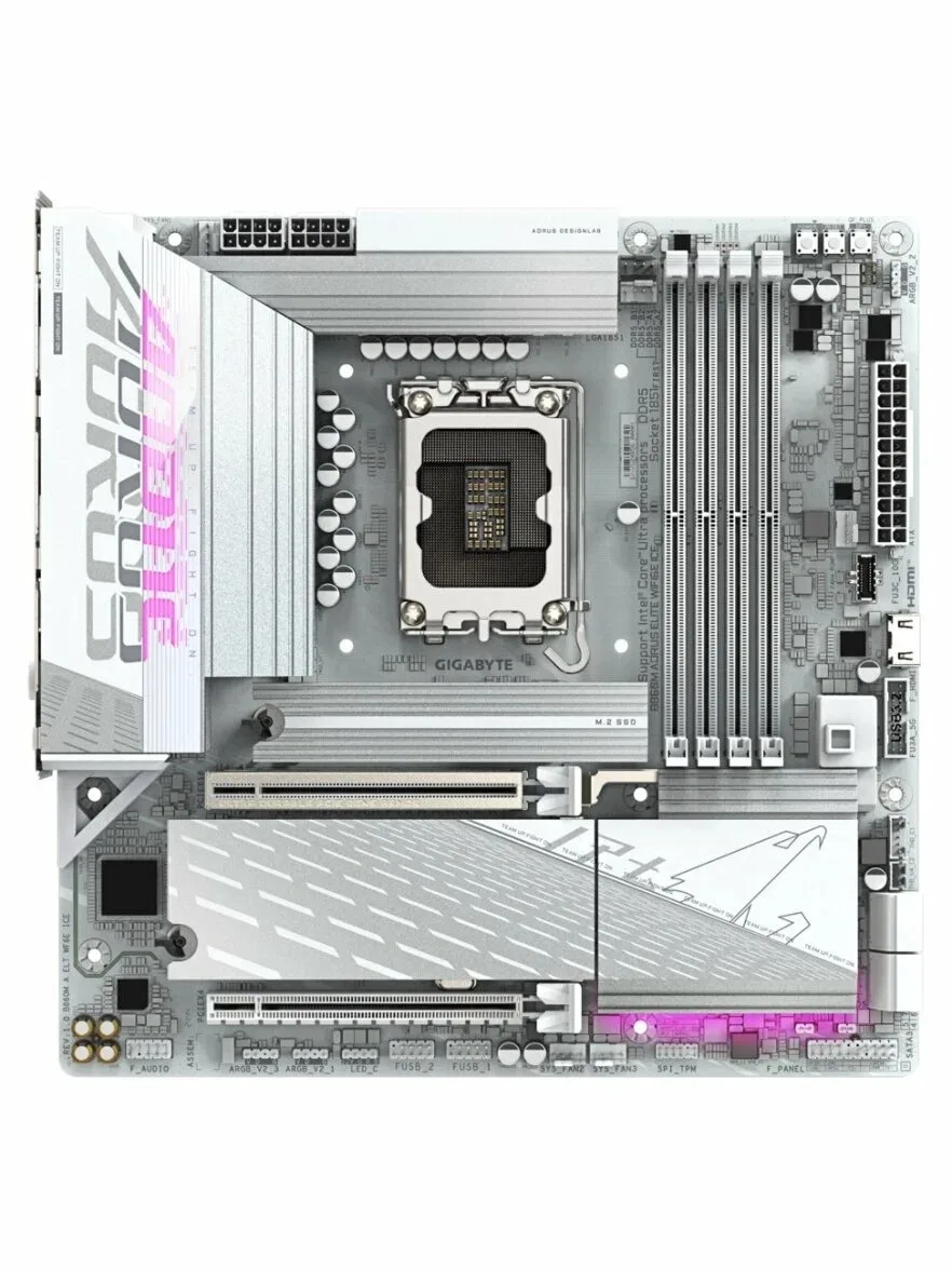 Материнская плата GigaByte B860M Aorus Elite WIFI6E ICE, LGA1851, Intel B860, 4xDDR5, 4xSATA, 3xM.2, 2xPCIe 5.0 x16, DisplayPort, HDMI, Thunderbolt, 1x2.5Gb LAN, 1x1Gb LAN, 7.1, microATX