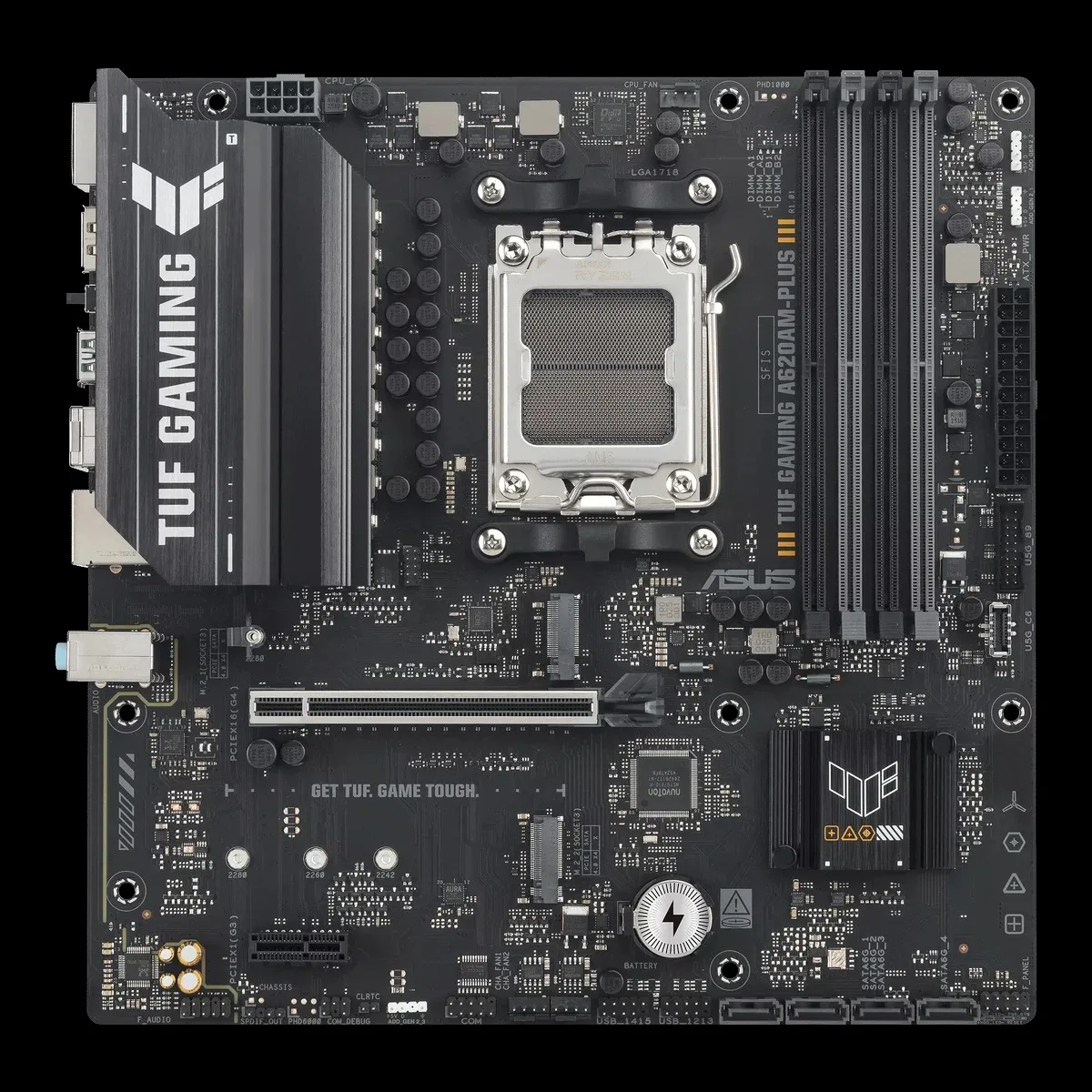 Материнская плата ASUS TUF GAMING A620M-A PLUS, AM5, AMD A620A, 4xDDR5, 4xSATA, 2xM.2, 1xPCIe 4.0 x16, 1xPCIe 3.0 x1, 1xHDMI, 2xDP, 1x2.5Gb LAN, 2xUSB-A 10Gbps, 4xUSB-A 2.0, 3x3.5 мм, 7.1, mATX
