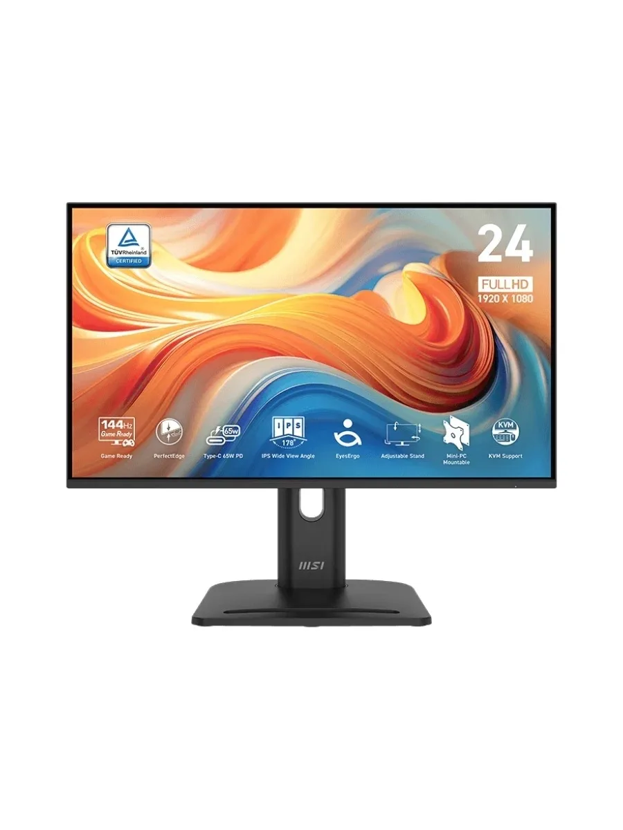 Монитор 23.8" MSI PRO MP245PHG E14 IPS 1920x1080, 144 Гц, 1 мс, 16:9, 300 кд/м², HDMI 2.0, DP 1.2, USB-C (65 Вт), USB Hub (2x USB-A, 1x USB-B), 3.5 Jack, динамики (2x2 Вт), HDR10, черный