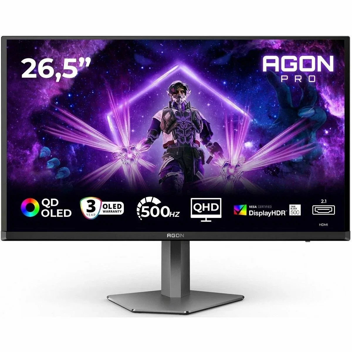 Монитор 26.5" AOC AGON AG276QKD2 QD-OLED 2560x1440, 500 Гц, 0.03 мс, 16:9, 1000 кд/м² (пиковая), DisplayHDR True Black 500, 2×HDMI 2.1, DP 2.1, USB Hub (2×USB-A 3.2 Gen1), 3.5 Jack, динамики (2×5 Вт), Adaptive-Sync, антибликовое покрытие, черно-серый