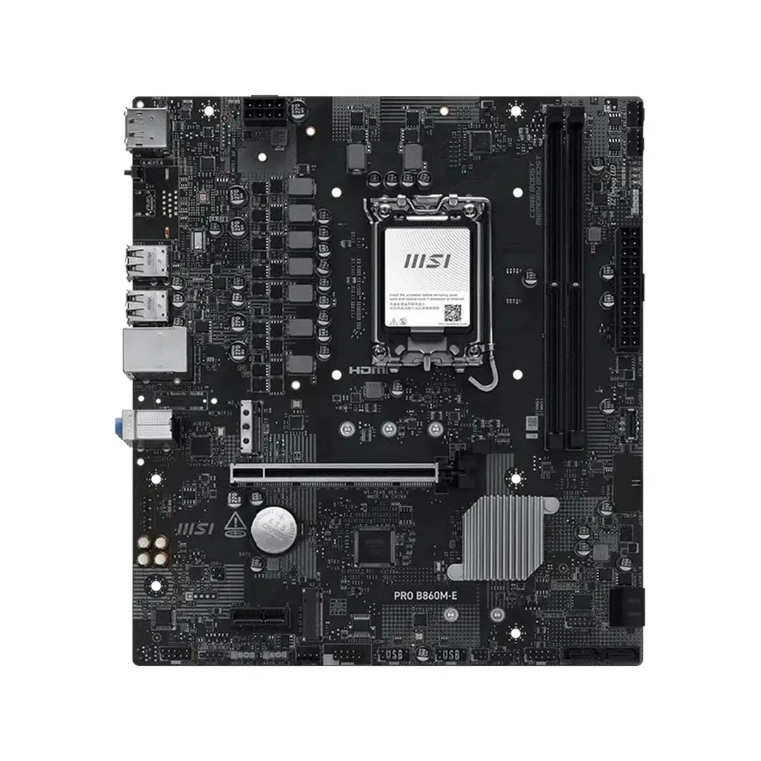 Материнская плата MSI PRO B860M-E, LGA1851, Intel B860, 2xDDR5, 4xSATA 6Gb/s, 2xM.2 PCIe, 1xPCIe 5.0 x16, 1xPCIe 4.0 x1, 1xHDMI, 1xDisplayPort, 1x 5Gb LAN, 6xUSB (4xUSB 2.0, 2xUSB 5Gbps Type-A), 3x3.5 мм, 7.1, mATX