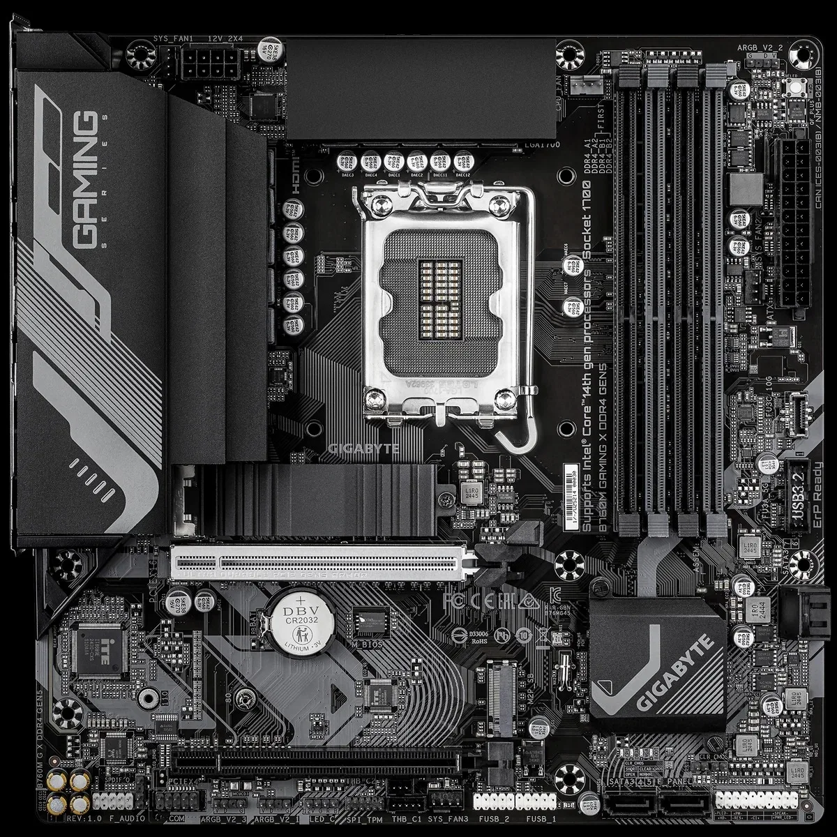 Материнская плата Gigabyte B760M GAMING X DDR4 GEN5, LGA1700, Intel B760, 4xDDR4, 4xSATA, 1xPCIe 5.0 x16, 1xPCIe 3.0 x4, 2xM.2 PCIe 4.0, 1xHDMI, 1xDisplayPort, 1x 2.5Gb LAN, 5xUSB 2.0, 3xUSB 3.2 Gen1, 3x3.5 мм, 7.1, microATX