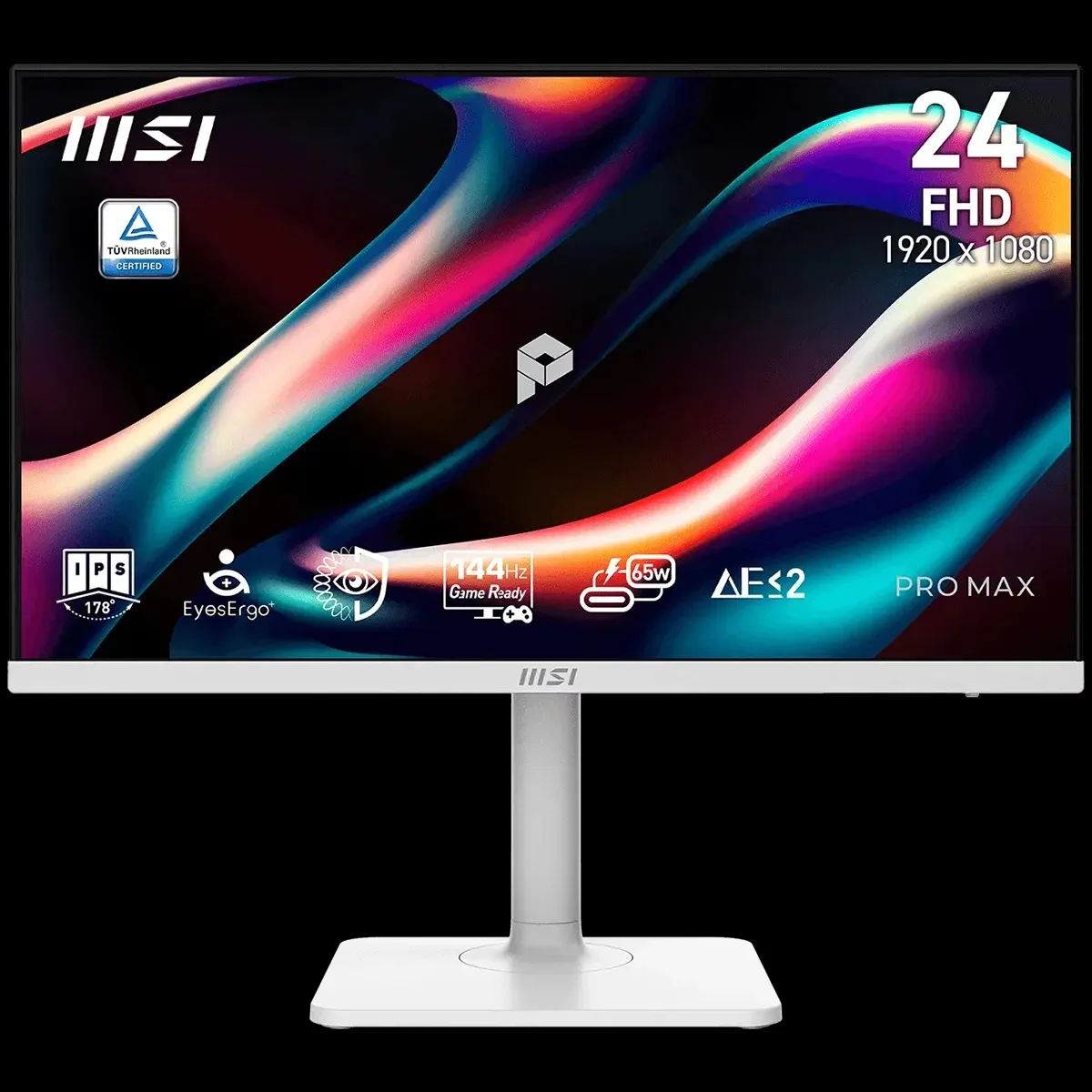Монитор 23.8" MSI PRO MAX 241PHW E14 IPS 1920x1080, 144 Гц, 4 мс (GtG), 16:9, 300 кд/м², HDMI 2.0b, DisplayPort 1.2a, USB-C (65 Вт), встроенные динамики (2x3 Вт), Flicker Free, Low Blue Light, AMD FreeSync, KVM-переключатель, CEC, регулировка по высоте, поворотная подставка, портретный режим, белый