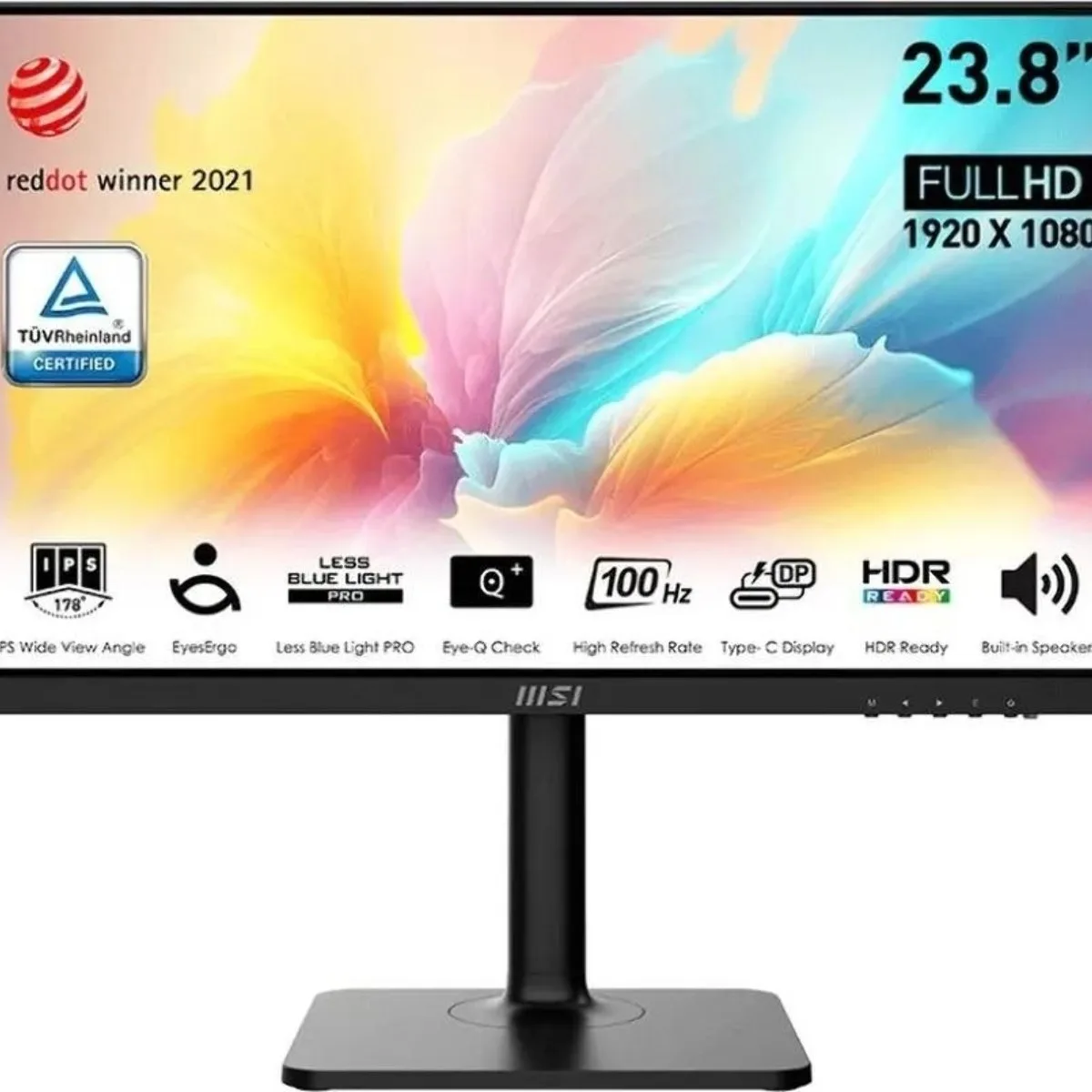 Монитор 23.8" MSI Modern MD2412P IPS 1920x1080, 100 Гц, 4 мс (GtG), 16:9, 300 кд/м², HDMI, USB-C (15 Вт), встроенные динамики (2x3 Вт), Flicker Free, Low Blue Light, Adaptive-Sync, регулировка по высоте, поворотная подставка, портретный режим, черный