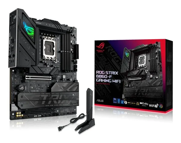 Материнская плата ASUS ROG STRIX B860-F GAMING WIFI, LGA1851, Intel B860, 4xDDR5, 4xSATA 6Gb/s, 4xM.2, 1xPCIe 5.0 x16, 1xPCIe 4.0 x16, 1xDisplayPort, 1xHDMI, 1x2.5Gb Ethernet, 6xUSB 5Gbps, 1xUSB 10Gbps, 1xUSB 20Gbps Type-C, 1xThunderbolt 4 Type-C, 2x3.5 мм, 7.1, ATX