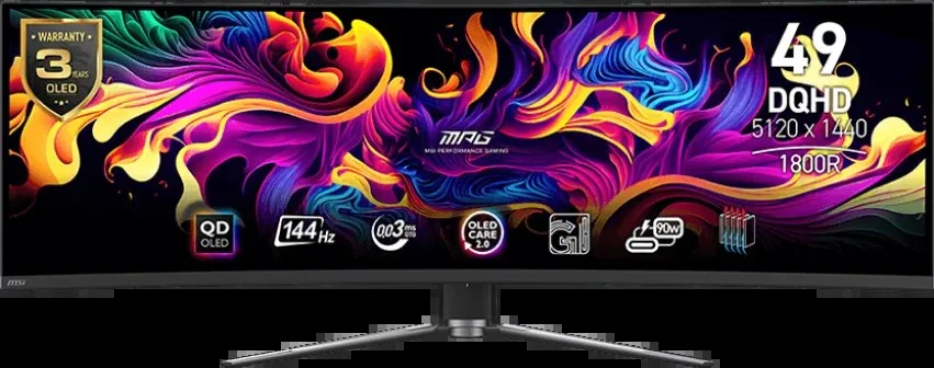 Монитор 49" MSI MPG 491CQP QD OLED 5120x1440, 144 Гц, 0.03 мс, 32:9, DisplayHDR 400, 1000 кд/м², изогнутый (1800R), HDMI 2.1 (x2), DisplayPort 1.4a, USB-C (90 Вт), Flicker Free, Low Blue Light, виртуальный прицел, стабилизатор черного цвета, PIP, KVM-переключатель, регулировка по высоте, поворотная подставка, черный